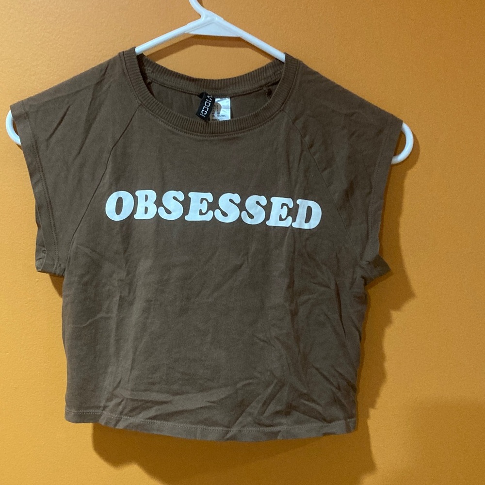 Divided Brown Crop Top with 'Obsessed' Graphic